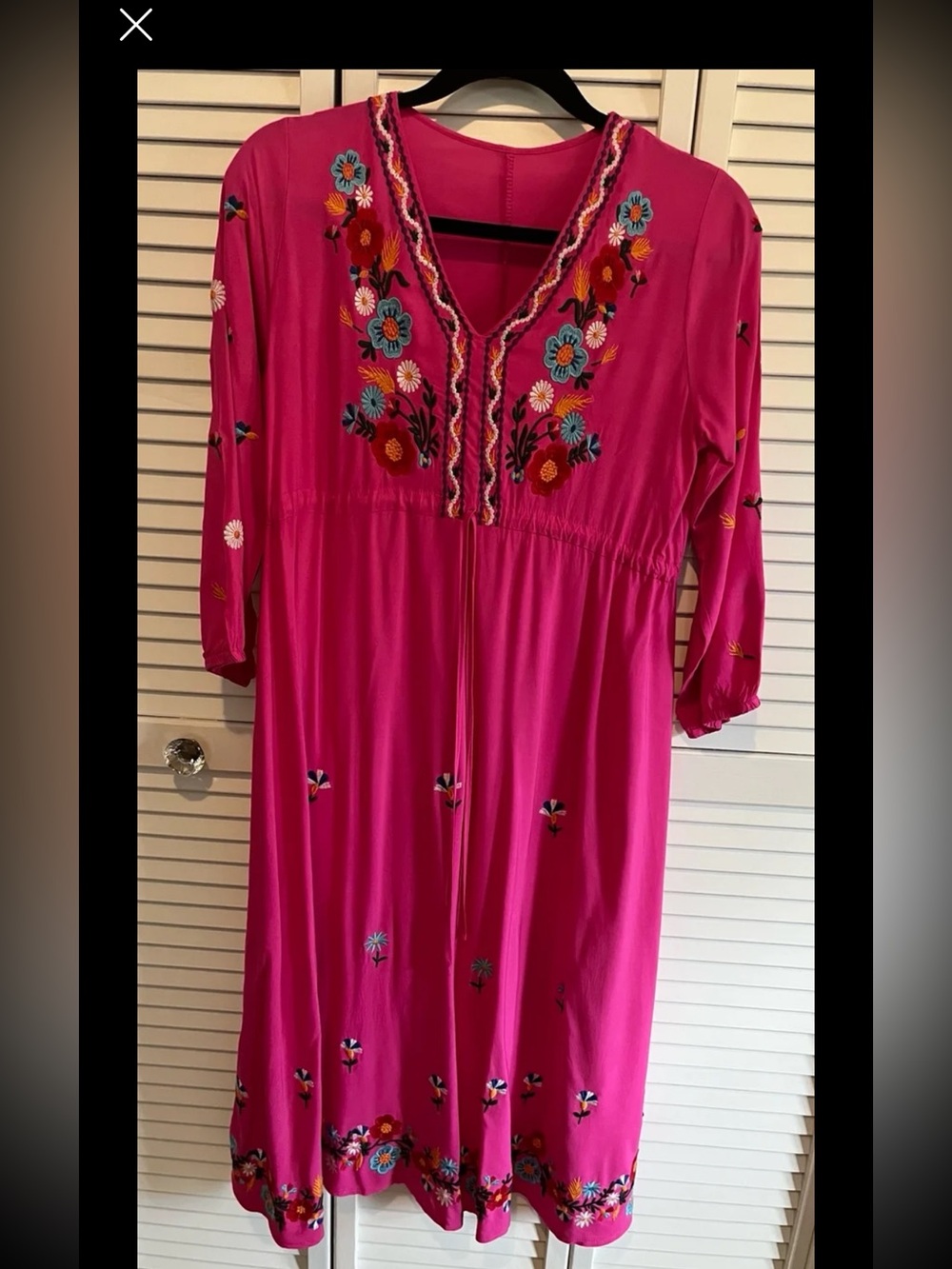 Floral Embroidered Hot Pink Drawstring Waist Airy Midi Mexican Dress Medium